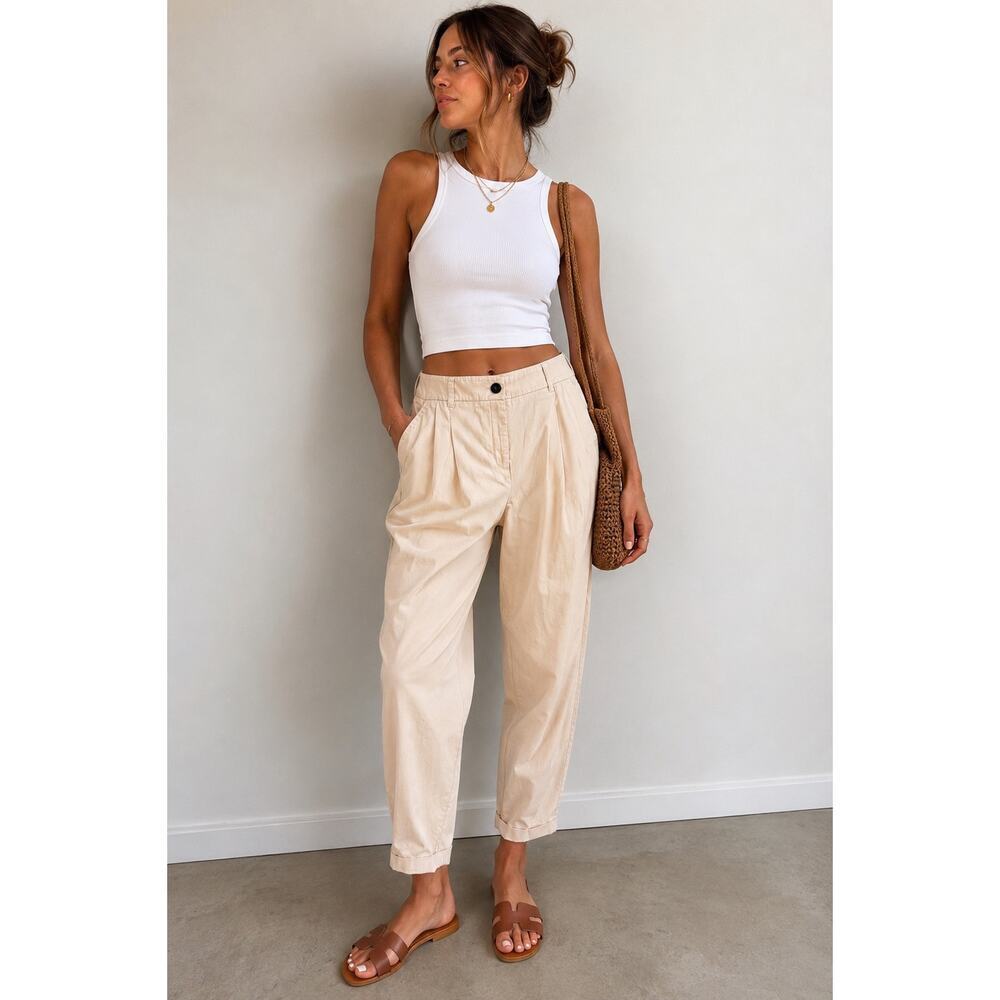 Marella Cotton Blend Pull On High Waisted Pleated Ankle Trouser Pants Cream 12